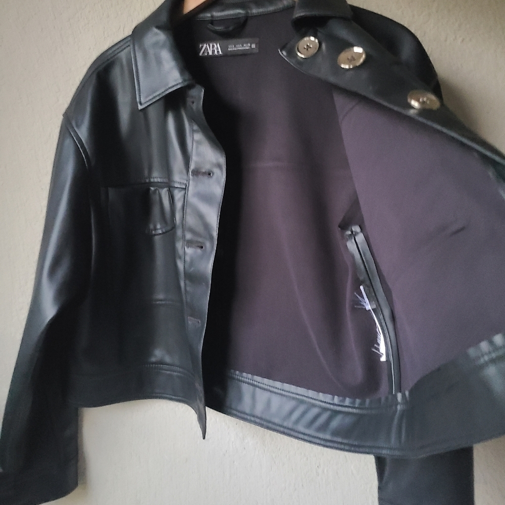 ZARA Black Faux Leather Jacket Women's Size S - Picture 6 of 10